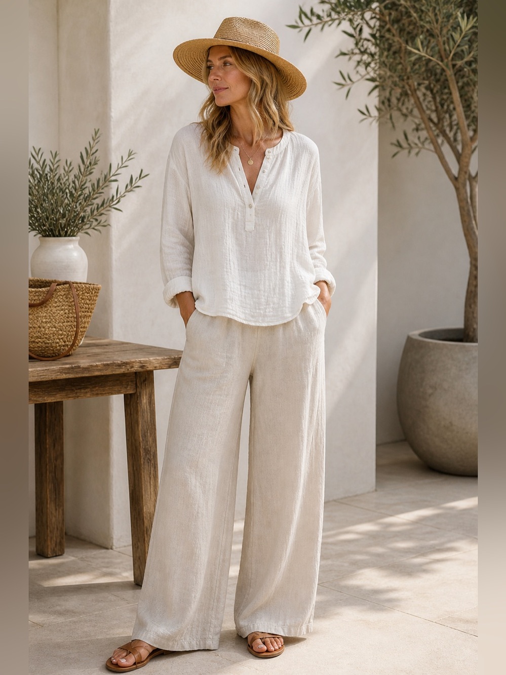 Faherty Dream Cotton collarless gauze shirt in cream size S
